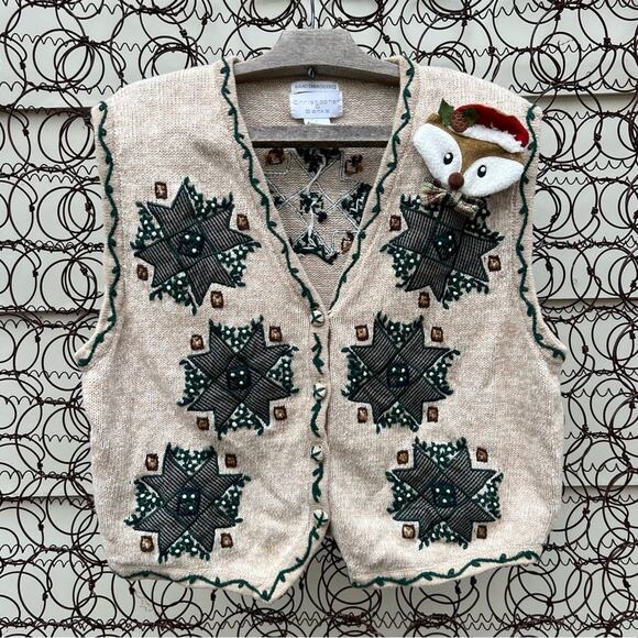 Vintage Sweaters - 90s Christmas Americana poinsettia fair isle quilt square snowflake sweater vest